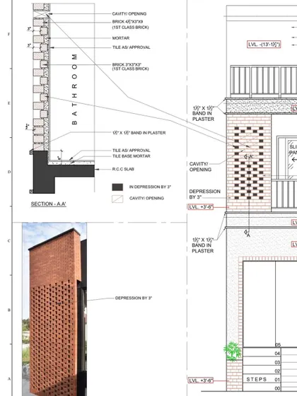 Attention to detail is key in my work. This is a technical drawing showing the facade detailing for an exposed brick wall with a jali screen, illustrating how I plan for both aesthetics and proper construction.