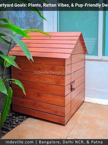 A close-up of the custom wooden doghouse I built for a client's courtyard. It's designed to match the aesthetic of the space while providing a cozy shelter for their pet.