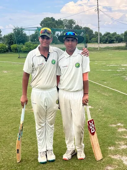 Shreyansh Karnwal and Rupank Aggarwal, the stars of a successful chase for Delhi Blues Cricket Club, posing after the match.