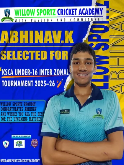 Official congratulations to Abhinav K for his selection in the KSCA Under-16 Inter-Zonal Tournament. We are proud to see his hard work translate into representative honors.