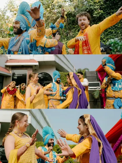 A collage capturing the vibrant Bhangra dance performances that brought an infectious energy to the Haldi ceremony.