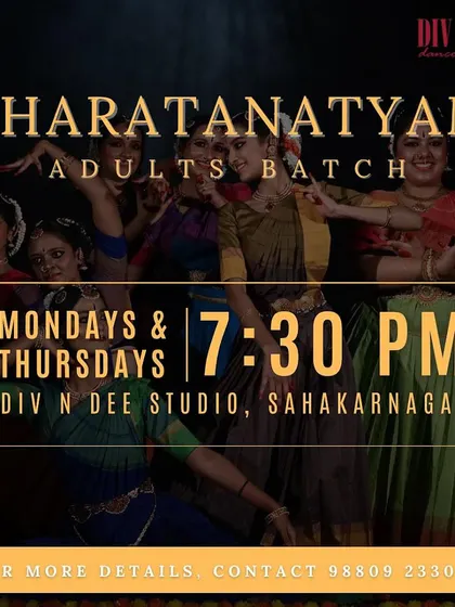 It's never too late to start your dance journey. Our Bharatanatyam adults batch is perfect for anyone looking to learn this classical art form. Join our supportive community at the DivnDee Studio in Sahakarnagar.
