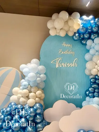 A close-up of the hot air balloon themed backdrop in shades of blue, with custom lettering for Thrissh's first birthday.