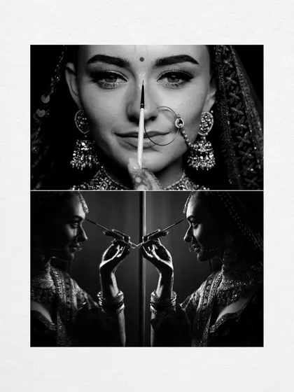 An artistic black and white collage focusing on the bride's expressive face and the symmetry of her reflection. These are the creative shots that elevate a wedding album.