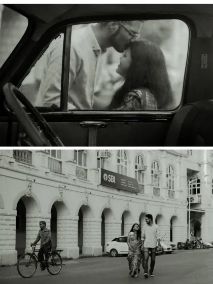 A black and white collage showing a romantic moment inside a vintage car and the couple walking down a classic Mumbai street, giving the pre-wedding shoot a cinematic feel.
