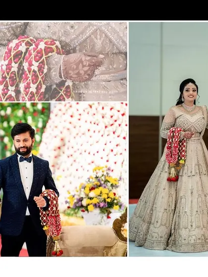 An artistic collage showcasing the couple's reception attire and their elegant walk down the aisle.
