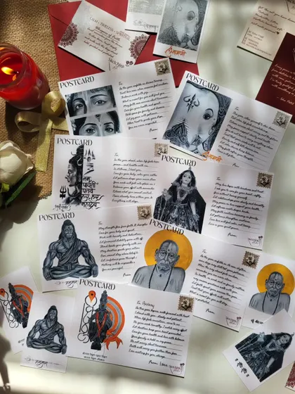A beautiful flat lay of my entire collection of spiritual art postcards, each one carrying a message of faith and strength.