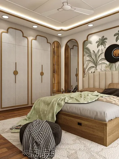 A full view of the master bedroom with arched wardrobe panels and tropical wallpaper. The design creates a cohesive and elegant look, with a perfect balance of modern and traditional elements.