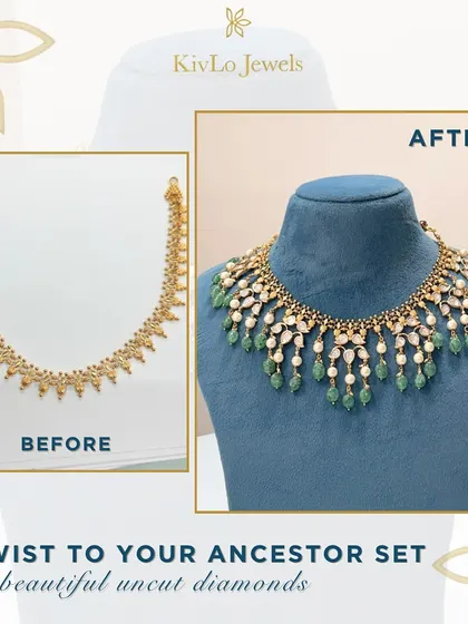 A simple ancestor's set gets a modern twist. We took a delicate gold necklace and added beautiful uncut diamonds and emerald drops, transforming it into a contemporary masterpiece for the new generation.