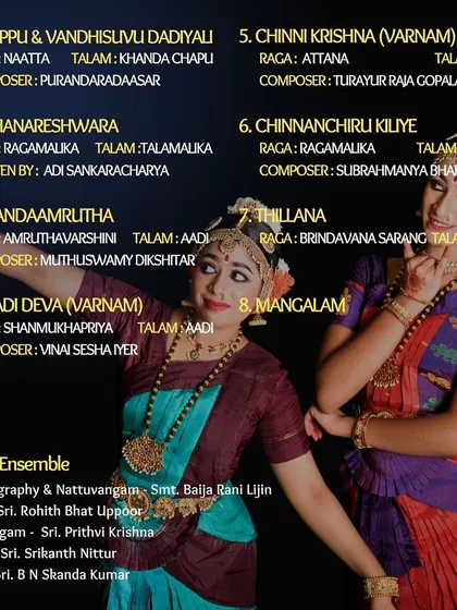 This image details the musical ensemble and compositions for a Bharatanatyam performance, showcasing the intricate connection between dance and music that we celebrate.