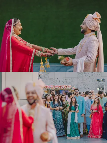 A collage showing the playful and emotional moments of the Varmala ceremony.
