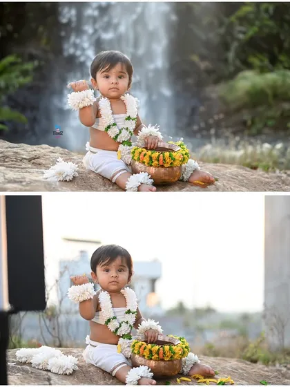 A clear before-and-after comparison. The original photo was taken outdoors, and I digitally replaced the background with a scenic waterfall to create a more impactful image.