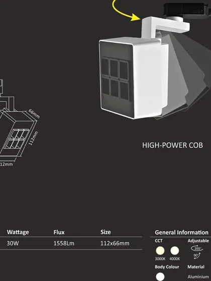 This sheet provides the technical details for our high-power 30W COB track light, model CH 195. It includes information on its 350-degree rotation, dimensions, flux, and adjustable color temperature options.