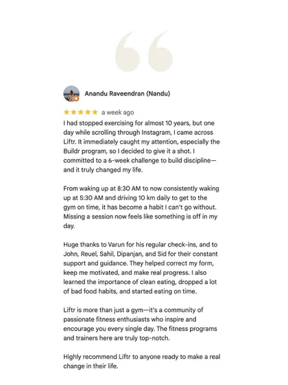 After 10 years of no workouts, Anandu committed to our 6-week challenge and it changed his life. He lost 6 kgs and 6.5 inches, built discipline, and now feels like something is off if he misses a session.