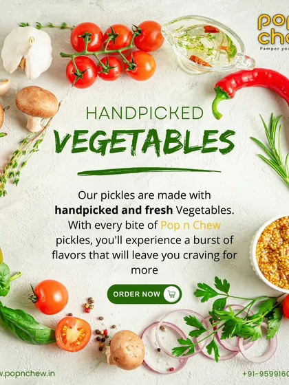 The secret to our flavour is freshness. I handpick all our vegetables in small batches to ensure only the best quality makes it into your jar. This graphic shows our commitment to using fresh, natural ingredients in every pickle we make.