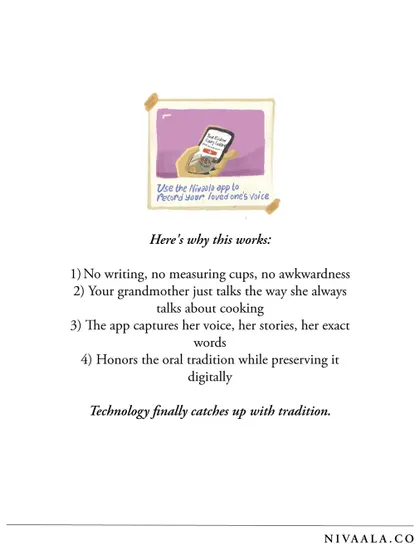 Here's why our voice app works: there's no writing or awkwardness. Your grandmother just talks the way she always does, and the app captures her voice, her stories, and her exact words. It's technology honoring oral tradition.