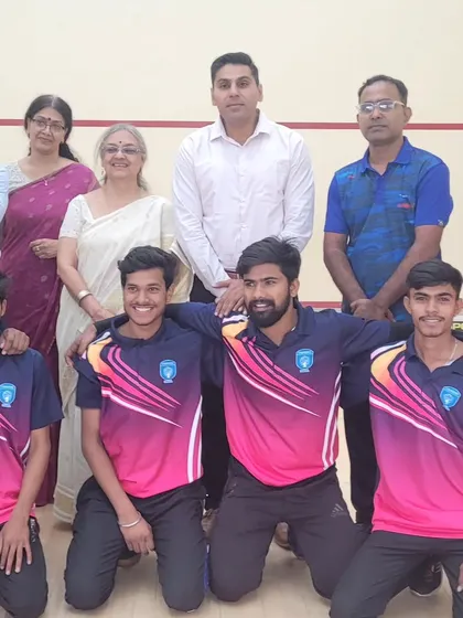 The Gyanshree School squash team posing with school faculty and coaches after a successful tournament in 2023.