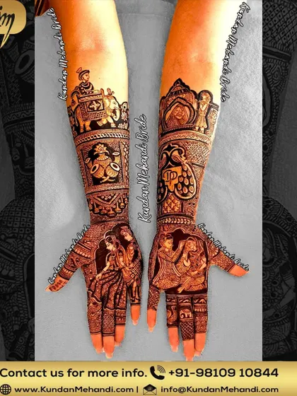 This full bridal design tells a story with figures of the bride and groom, a kalash for good luck, and a procession with elephants, all rendered with extreme detail.