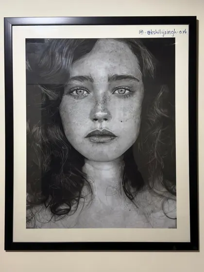 Another shot of the framed portrait, showing how it looks in a home setting. It’s a large piece, measuring 72x56 cm, designed to be a centerpiece.