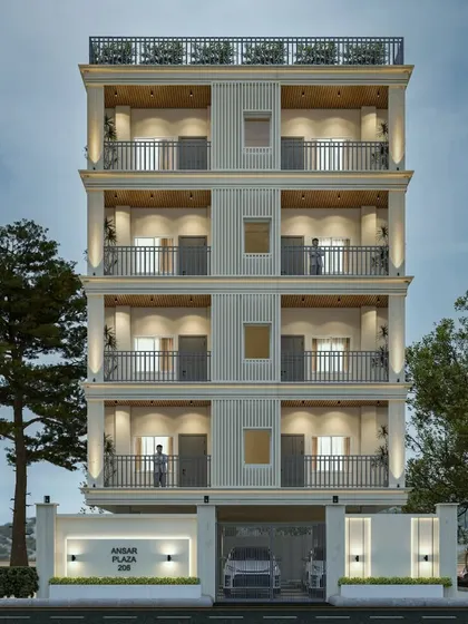 This architectural visualization for Ansar Plaza shows a multi-family residence with a classic, symmetrical facade. We used decorative railings and subtle lighting to add a touch of elegance and character to the building's exterior.