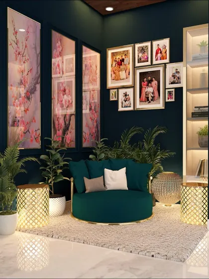Another view of the royal green reading nook, showcasing the beautiful floral art panels and ambient side lighting.