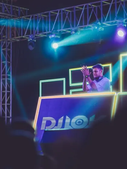 Setting the stage at the Sammscrithi festival in Mysuru. The combination of trussing, intelligent lighting, and custom LED boxes creates a professional setup ready for a high-impact performance.