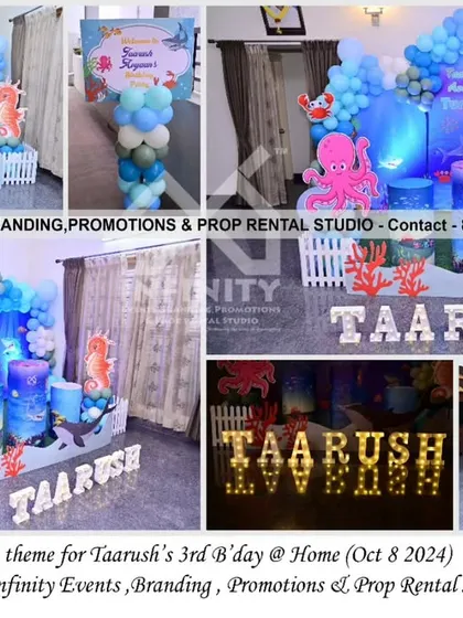 An aqua theme for Taarush's 3rd birthday at home. The decor features an underwater backdrop, blue balloon garlands, and cutouts of sea creatures like sharks and octopuses.