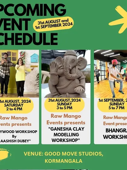 Our event schedule often includes a mix of dance and art. Here you can see a weekend lineup with both a Bollywood workshop and a high-energy Bhangra session.