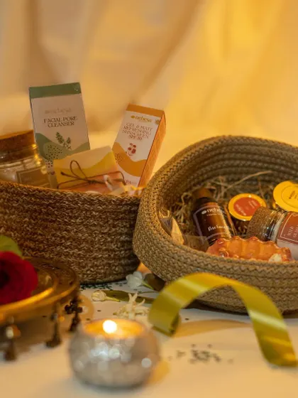 I love using these reusable jute baskets for my gift hampers. They are eco-friendly and can be filled with any combination of my products, as seen here with two different curated sets ready for Diwali.
