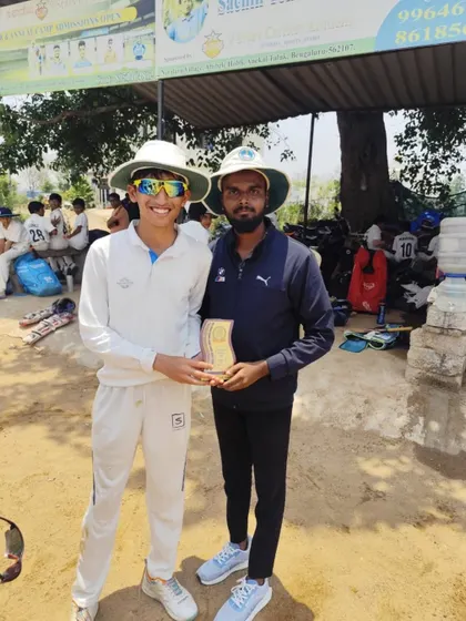 Lakshya Singh receiving his Player of the Match award for a great all-round performance.