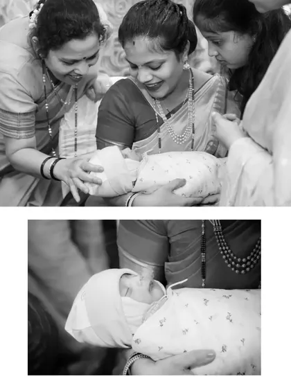 Candid, heartwarming moments in black and white from a naming ceremony, showing family members adoring the new baby.