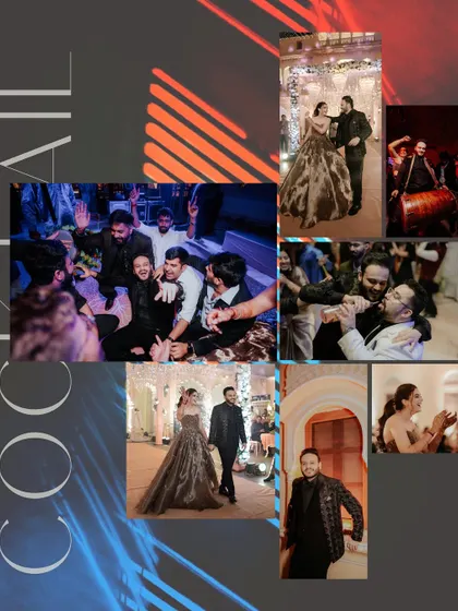 A comprehensive collage of a cocktail night, showing everything from the couple's grand entrance to the energetic dhol players and dancing guests.