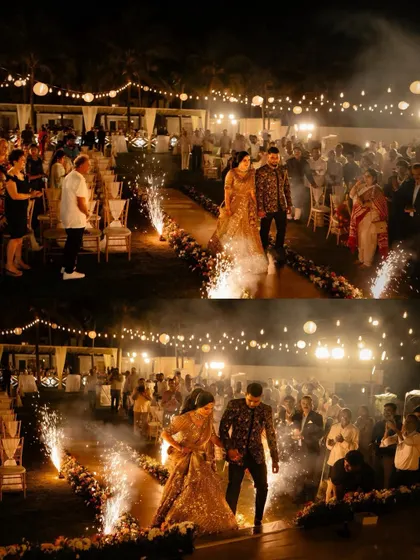 A collage of the couple's grand entrance at their beachside reception, complete with sparklers and a festive atmosphere.