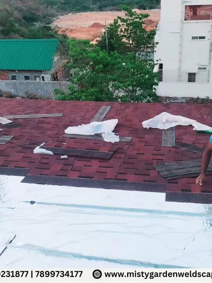 The process of installing shingles on a pergola roof. My team carefully lays each shingle over a waterproof membrane to ensure the roof is completely weather-resistant.