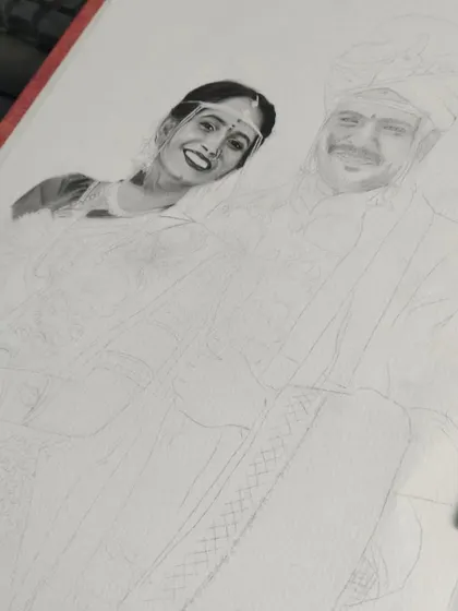 The wedding portrait is taking shape. The bride's face is fully detailed, and the rest of the drawing is a light sketch, waiting for the shading that will complete the piece.