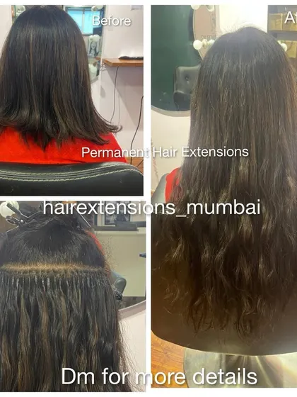 A detailed look at a permanent hair extension transformation. The collage shows the before, the micro-ring application, and the final, blended result.