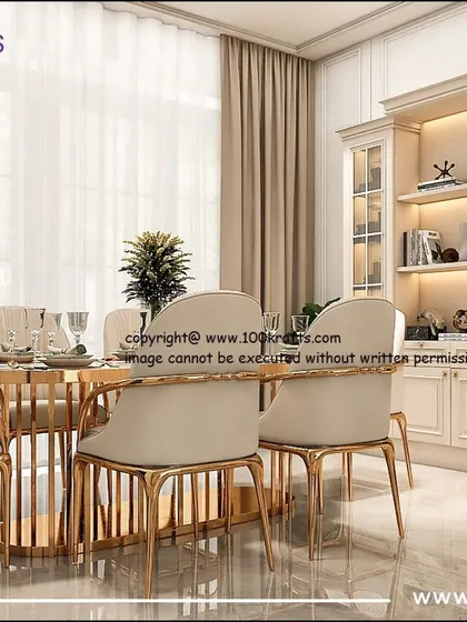 The dining area in the Pune project, featuring a stunning table with a gold-finished base and a classic white crockery unit with integrated lighting.