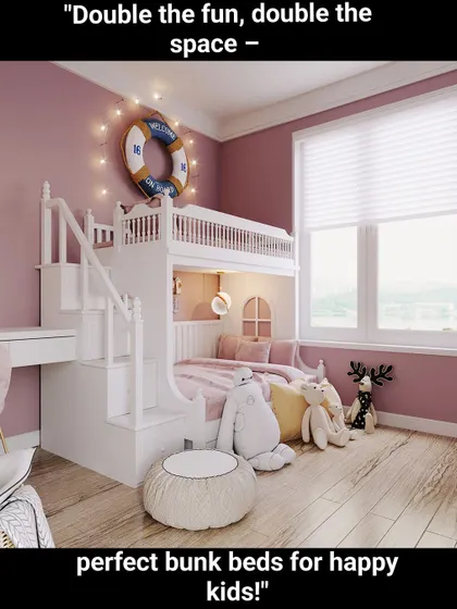 This adorable bunk bed has a nautical theme with a lifebuoy decoration and a cute house-shaped frame. The stairs double as a desk, which is a brilliant space-saving idea.