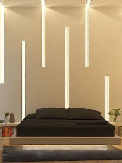 A dramatic bedroom concept featuring a floating bed with under-lighting and vertical light strips on the wall, creating a futuristic and luxurious feel.