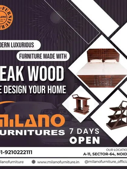 We design and manufacture modern, luxurious furniture made with solid teakwood. This graphic shows a sample of our teak products, including beds and bar stools, ideal for clients looking for premium, long-lasting furniture.