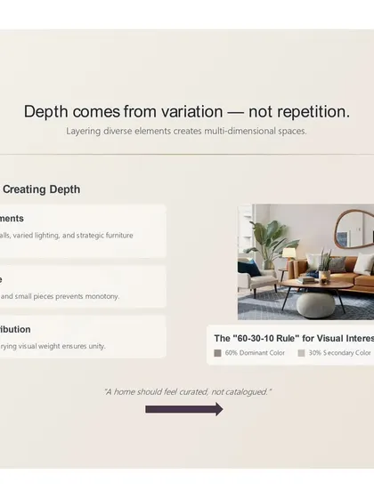 Depth in design comes from variation, not repetition. We create multi-dimensional spaces by layering diverse elements, varying the scale of furniture, and using principles like the 60-30-10 rule for visual interest.
