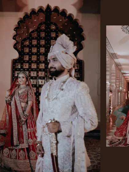 A collage showing the groom's regal portrait and a candid shot of the bride, highlighting the individual personalities that are coming together.