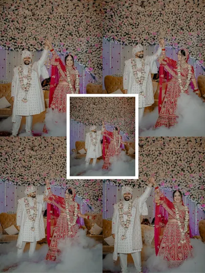A creative collage of the couple's grand entry on stage, surrounded by smoke, creating a dramatic and celebratory effect.