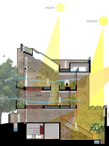 This sectional drawing of the People Tree House illustrates how the design responds to the environment. It shows how the multi-height volumes promote cross-ventilation and how the building's orientation maximizes views of the tree while controlling the harsh south sun.