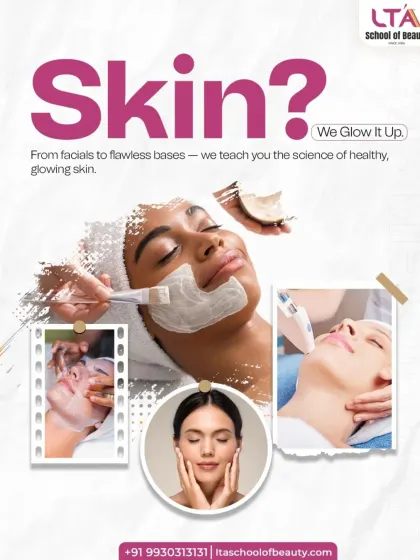 This collage showcases the core of our skincare curriculum. We teach you the science behind achieving healthy, glowing skin, from performing professional facials to creating the perfect base for makeup application.