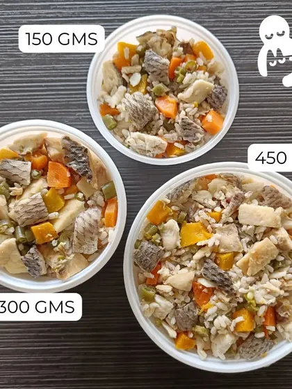 Our fish meals are available in 150gm, 300gm, and 450gm tubs. This makes it easy to portion out meals for dogs of any size.