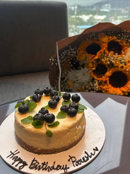 My classic eggless blueberry cheesecake, topped with fresh blueberries and mint leaves. It's creamy, tangy, and absolutely delicious.