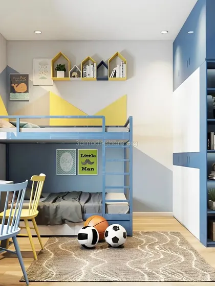 A functional and stylish kids' room with a blue bunk bed and integrated desk space. The geometric wall paint and house-shaped shelves add a playful touch to this well-organized room.