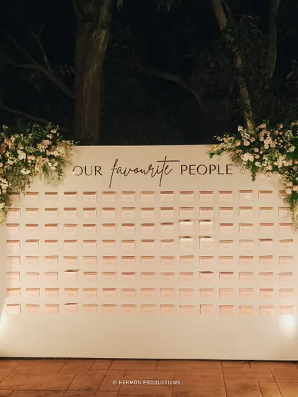 An elegant seating chart wall, with the words "Our Favourite People" at the top.