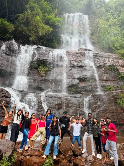 Pure excitement from our Chikmagalur group as they pose and celebrate in front of a gorgeous waterfall.